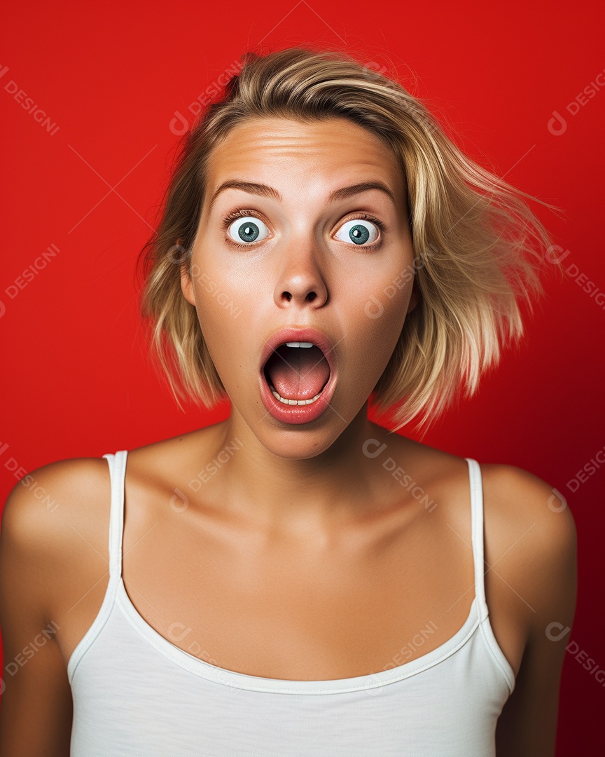 Uma mulher branca fazendo uma expressão chocada em um fundo colorido