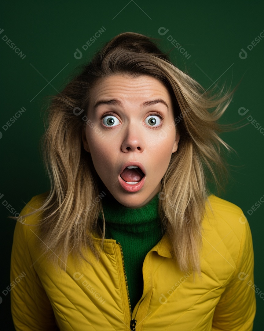 Uma mulher branca fazendo uma expressão chocada em um fundo colorido