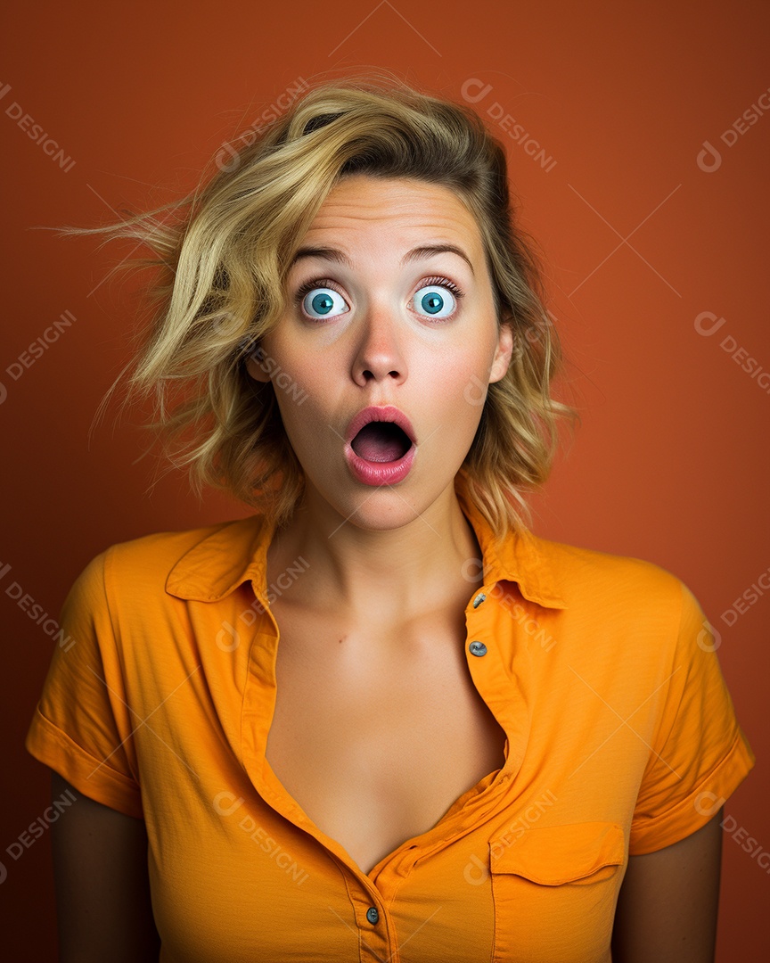 Uma mulher branca fazendo uma expressão chocada em um fundo colorido
