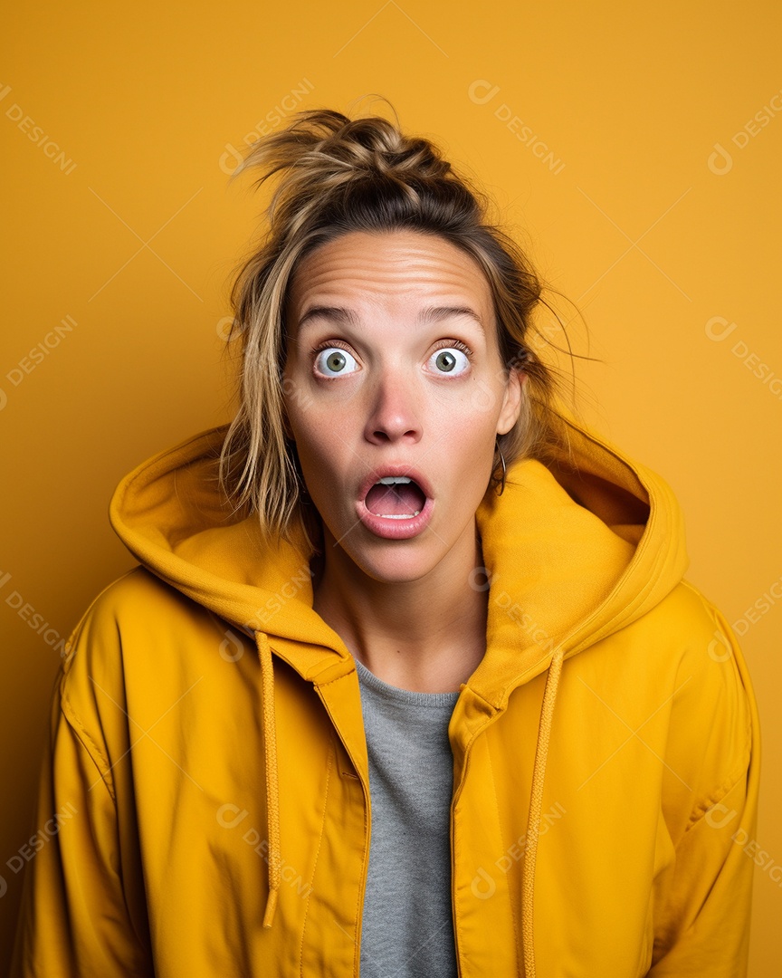 Uma mulher branca fazendo uma expressão chocada em um fundo colorido