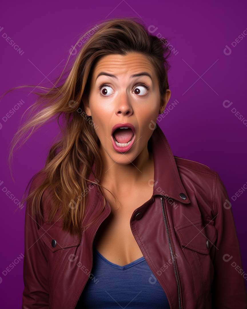 Uma mulher branca fazendo uma expressão chocada em um fundo colorido