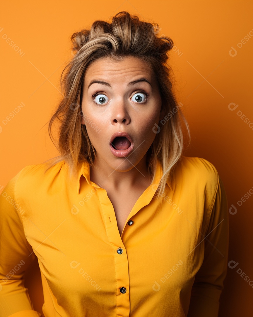 Uma mulher branca fazendo uma expressão chocada em um fundo colorido