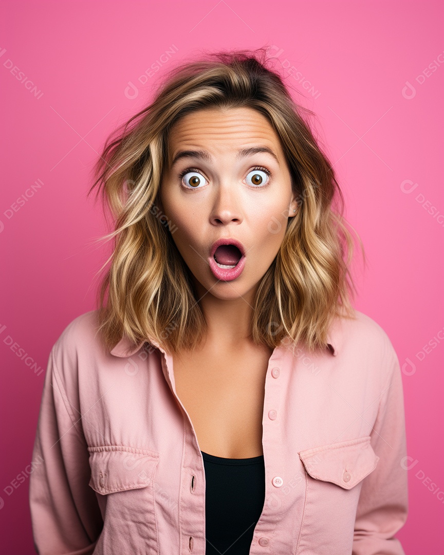 Uma mulher branca fazendo uma expressão chocada em um fundo colorido