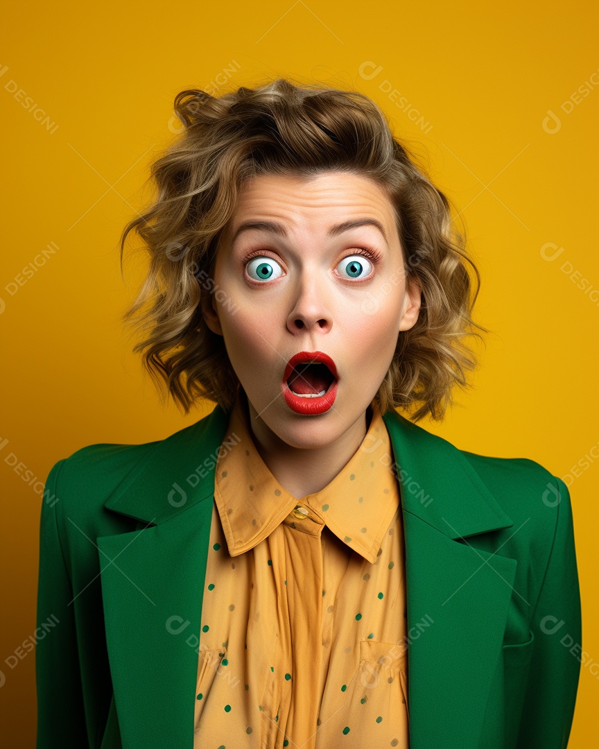 Uma mulher branca fazendo uma expressão chocada em um fundo colorido