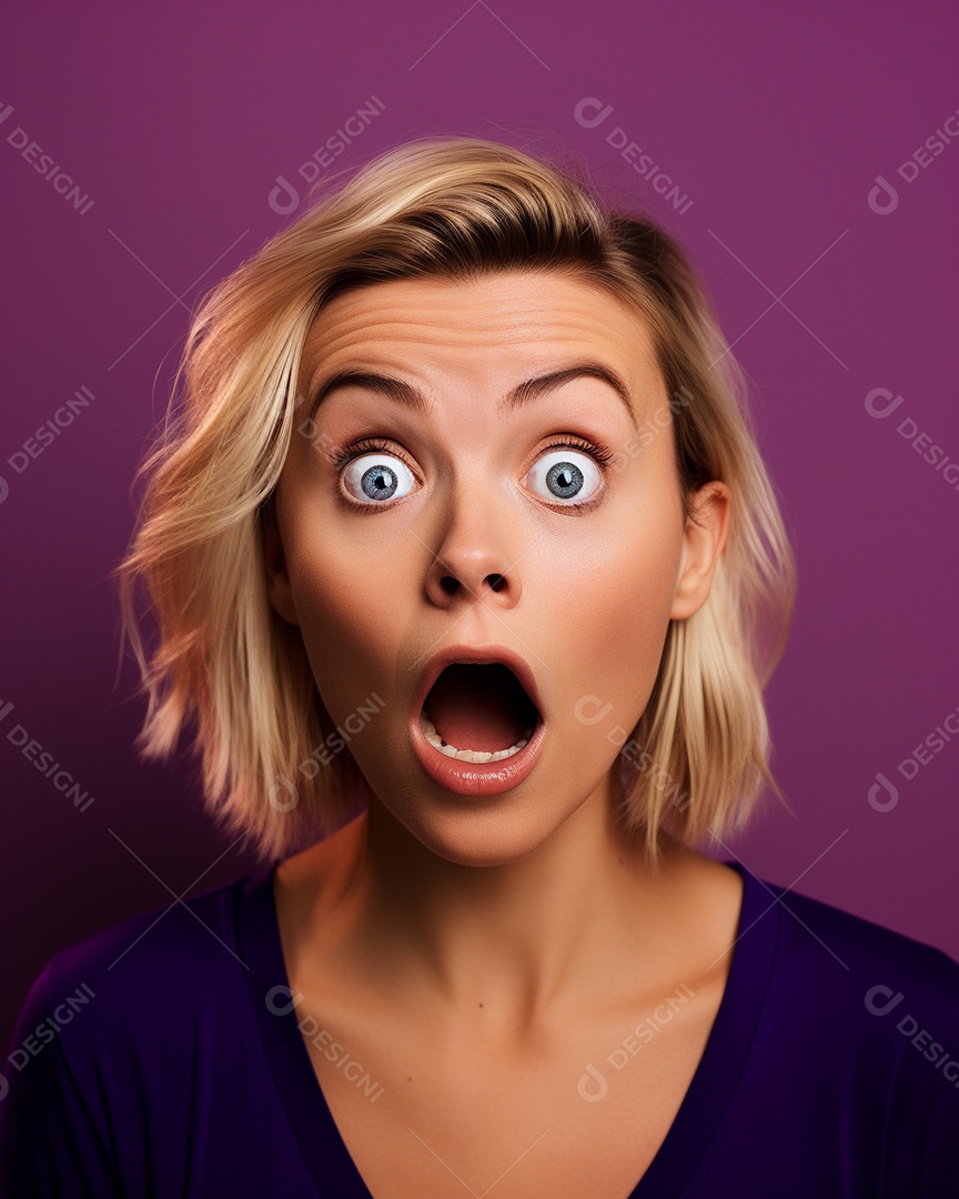 Uma mulher branca fazendo uma expressão chocada em um fundo colorido