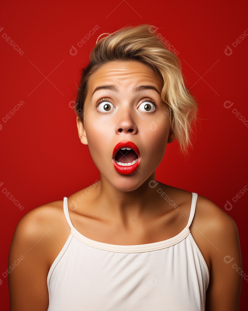 Uma mulher branca fazendo uma expressão chocada em um fundo colorido