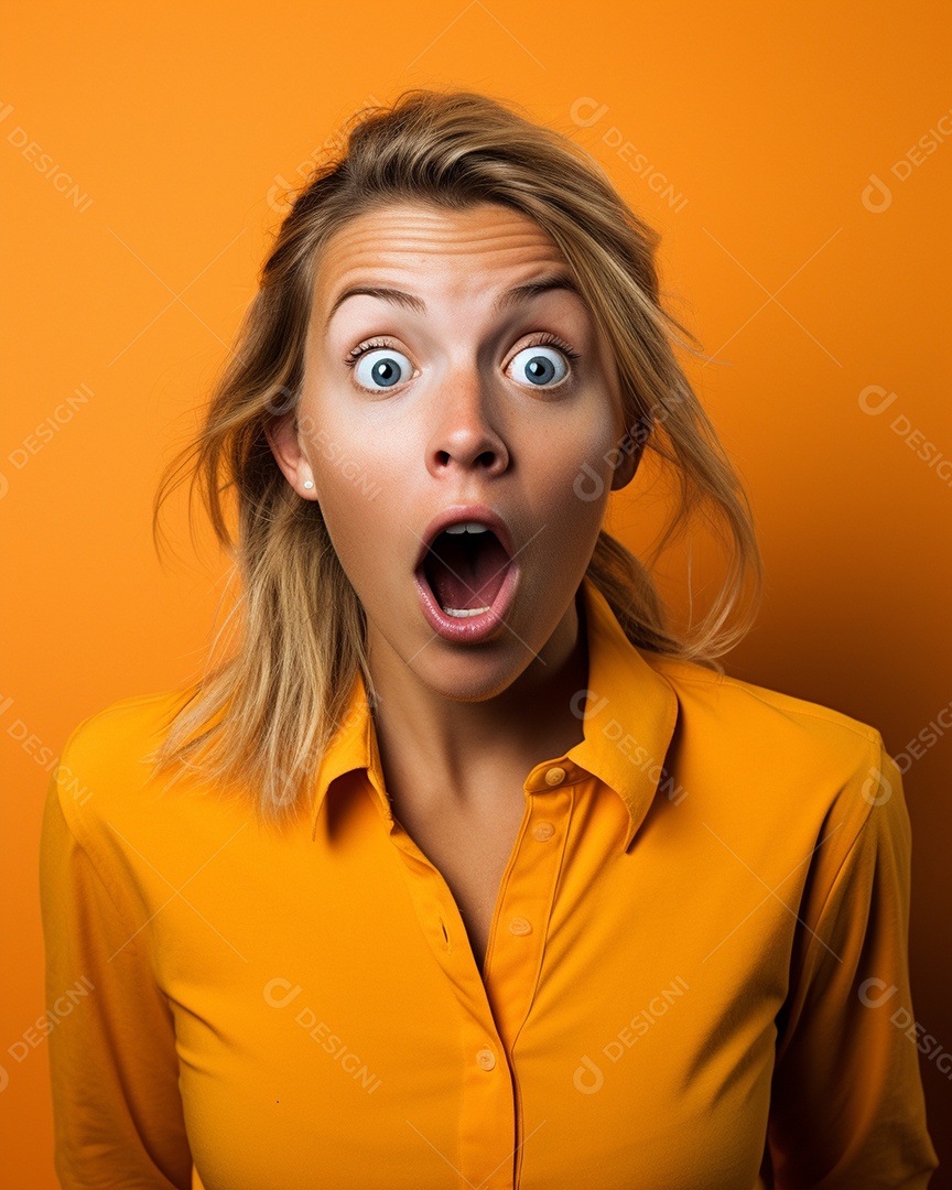 Uma mulher branca fazendo uma expressão chocada em um fundo colorido