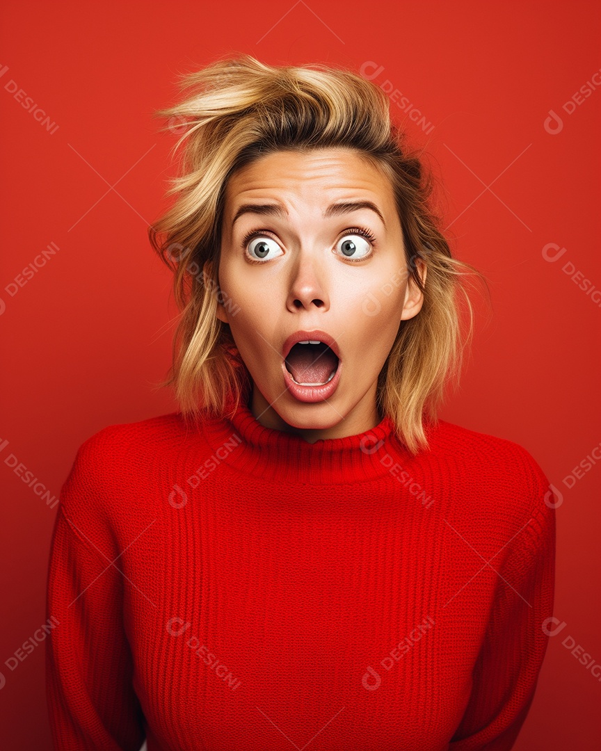 Uma mulher branca fazendo uma expressão chocada em um fundo colorido