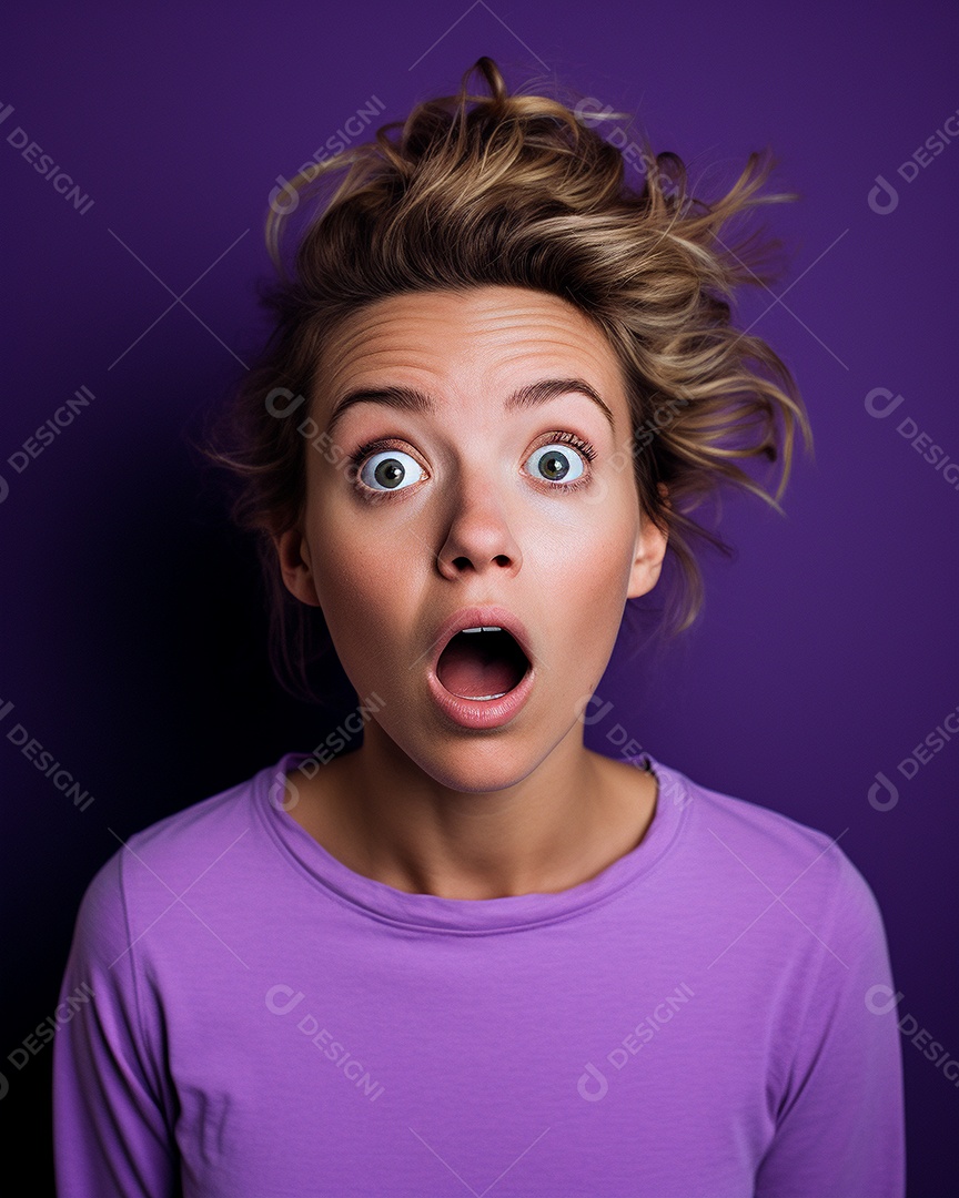 Uma mulher branca fazendo uma expressão chocada em um fundo colorido