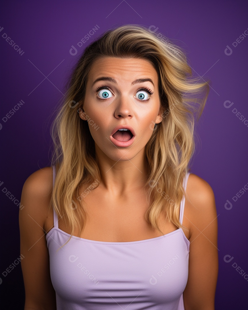Uma mulher branca fazendo uma expressão chocada em um fundo colorido