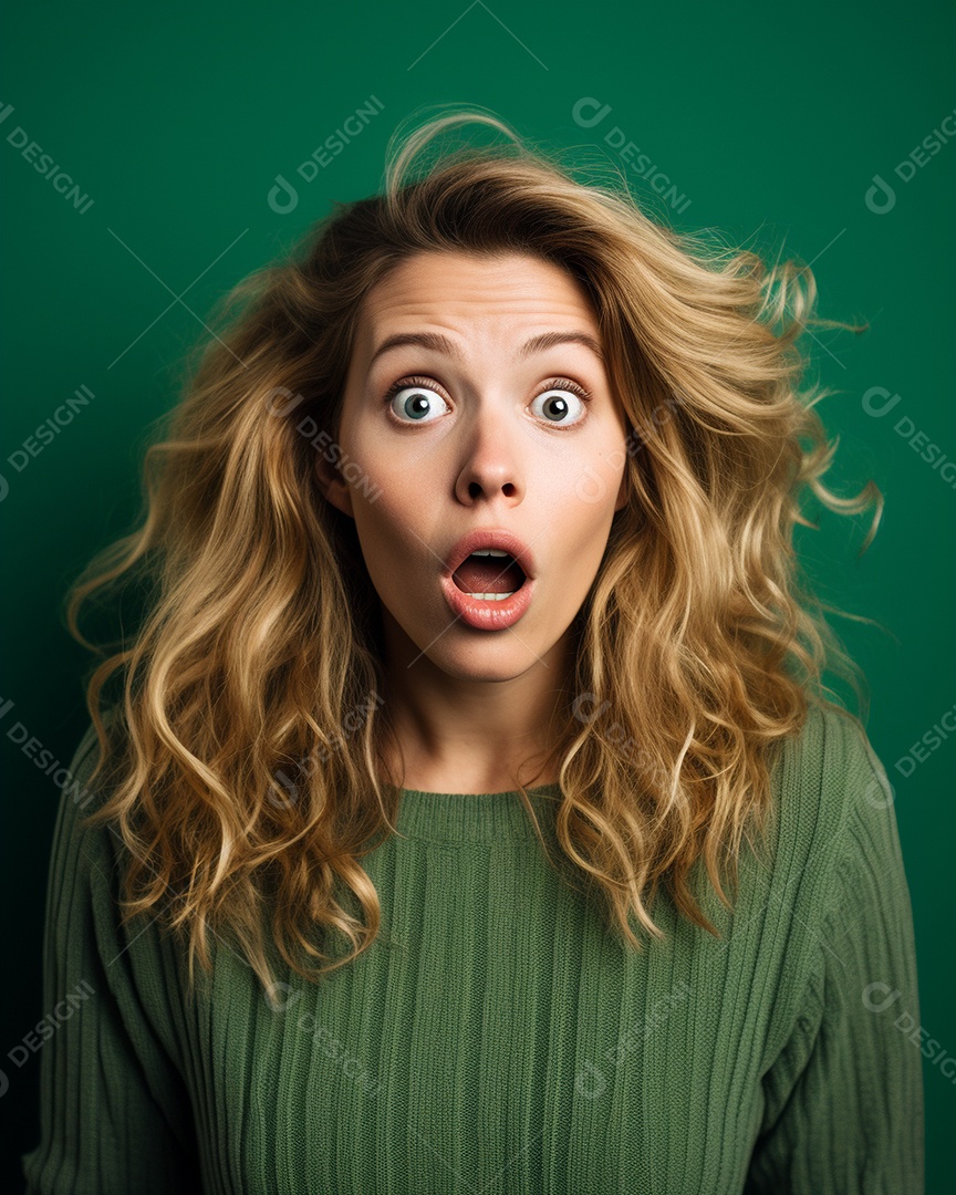 Uma mulher branca fazendo uma expressão chocada em um fundo colorido