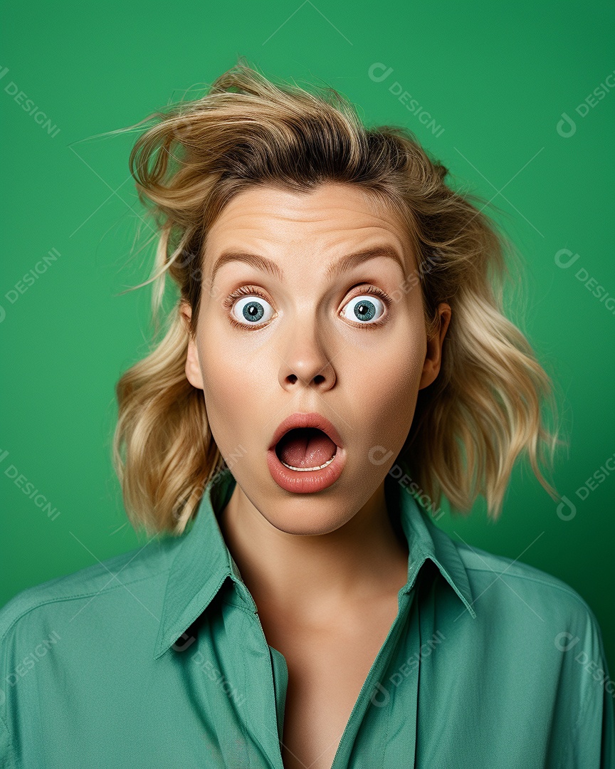 Uma mulher branca fazendo uma expressão chocada em um fundo colorido