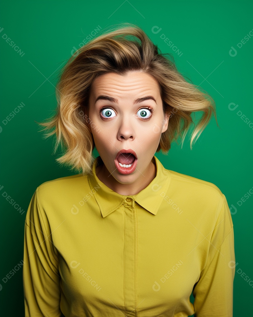 Uma mulher branca fazendo uma expressão chocada em um fundo colorido