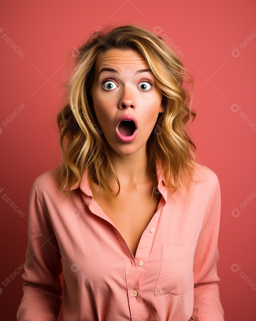 Uma mulher branca fazendo uma expressão chocada em um fundo colorido