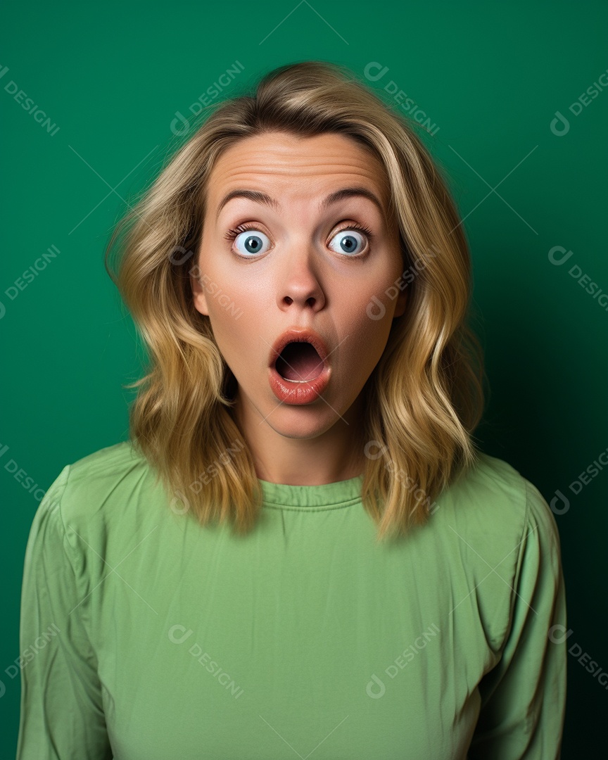 Uma mulher branca fazendo uma expressão chocada em um fundo colorido