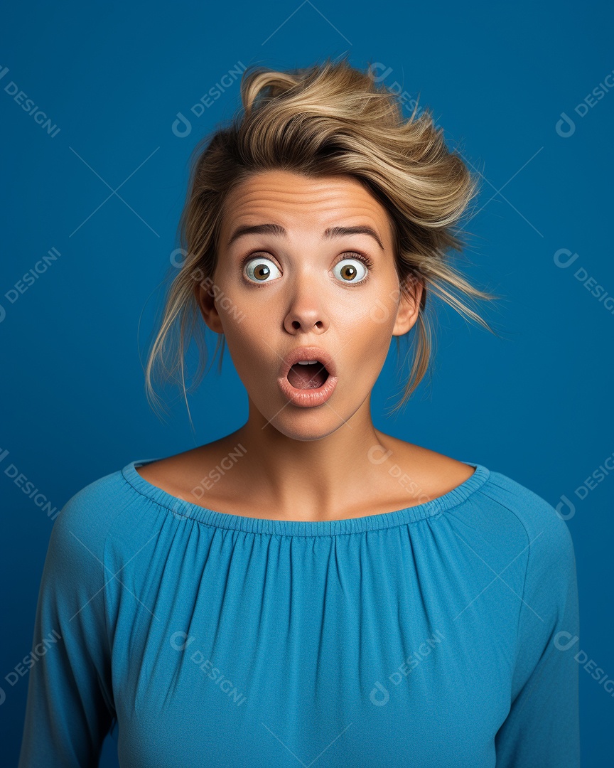 Uma mulher branca fazendo uma expressão chocada em um fundo colorido