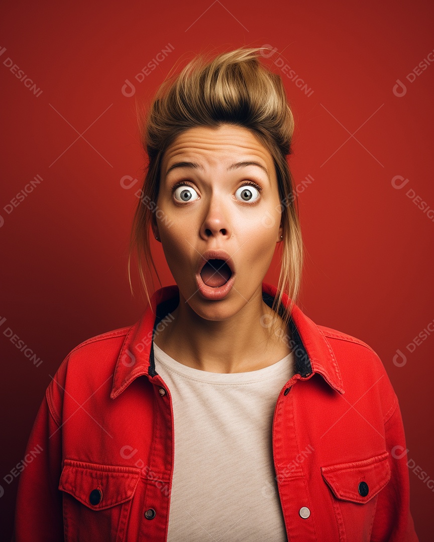 Uma mulher branca fazendo uma expressão chocada em um fundo colorido