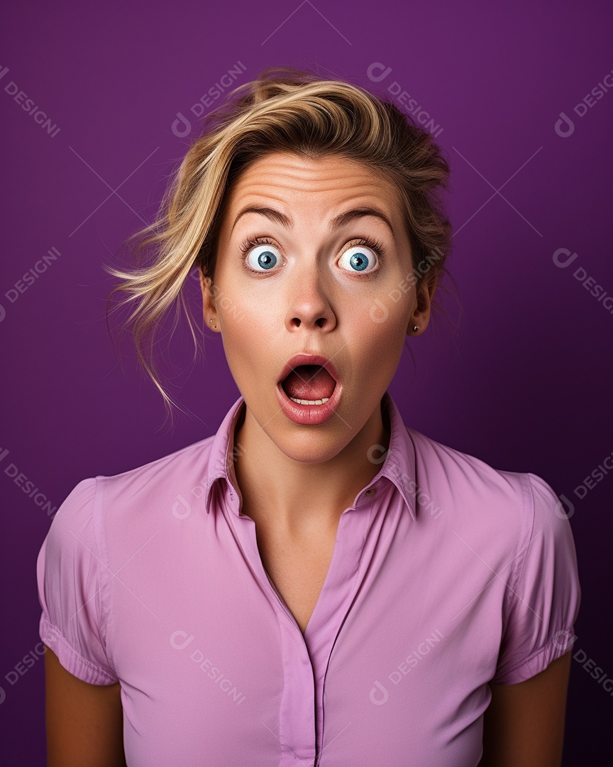 Uma mulher branca fazendo uma expressão chocada em um fundo colorido