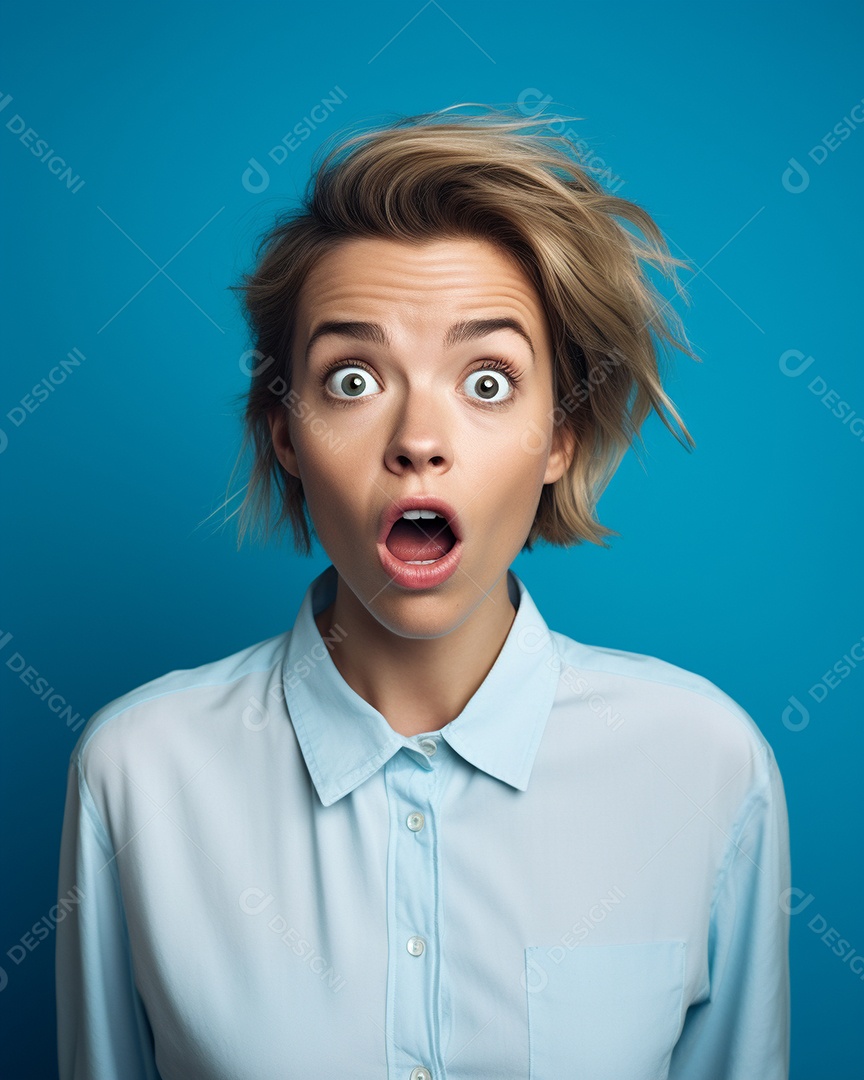 Uma mulher branca fazendo uma expressão chocada em um fundo colorido