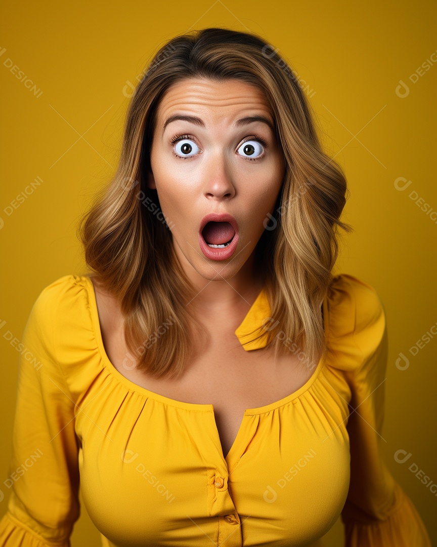 Uma mulher branca fazendo uma expressão chocada em um fundo colorido
