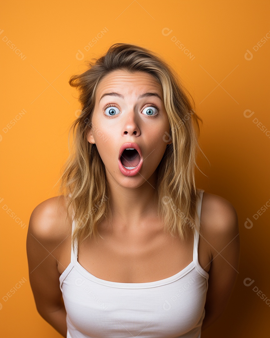 Uma mulher branca fazendo uma expressão chocada em um fundo colorido