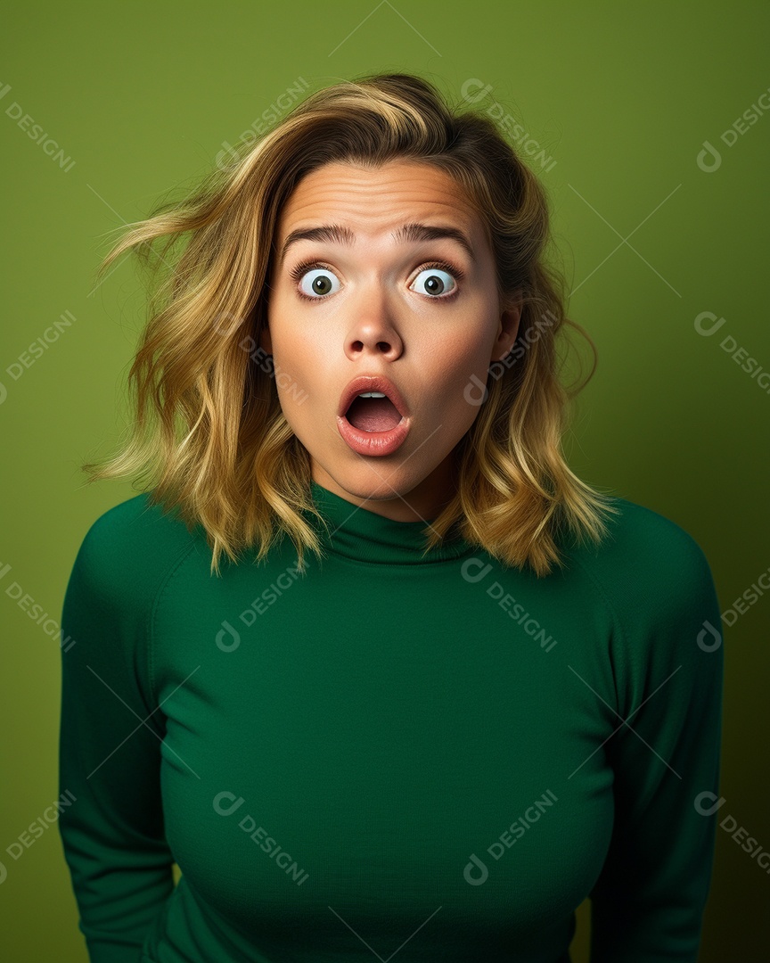 Uma mulher branca fazendo uma expressão chocada em um fundo colorido