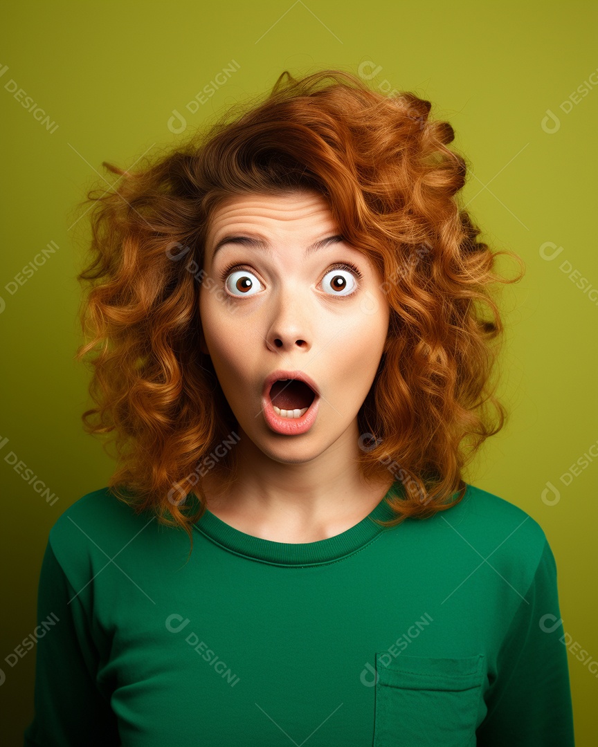 Uma mulher branca fazendo uma expressão chocada em um fundo colorido