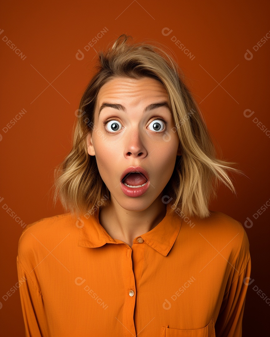 Uma mulher branca fazendo uma expressão chocada em um fundo colorido