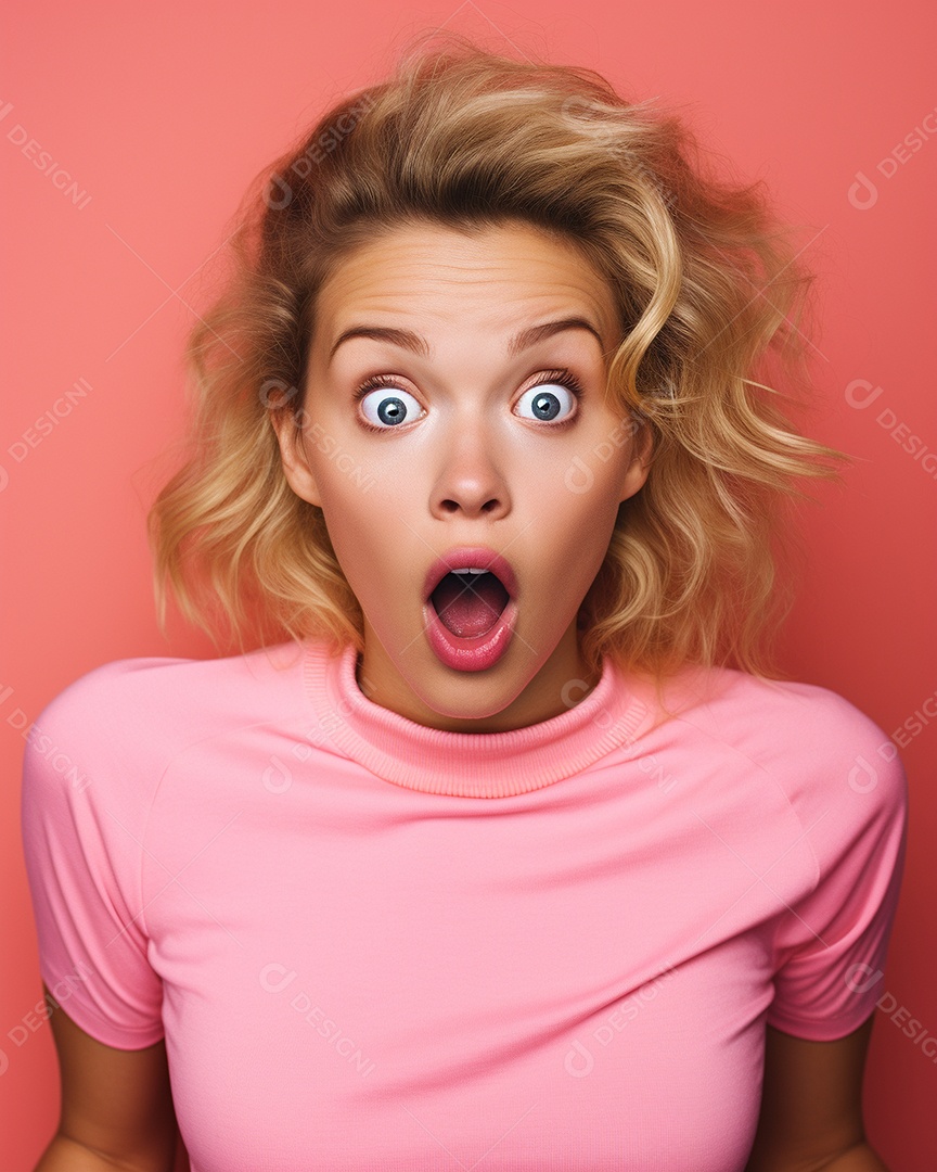Uma mulher branca fazendo uma expressão chocada em um fundo colorido
