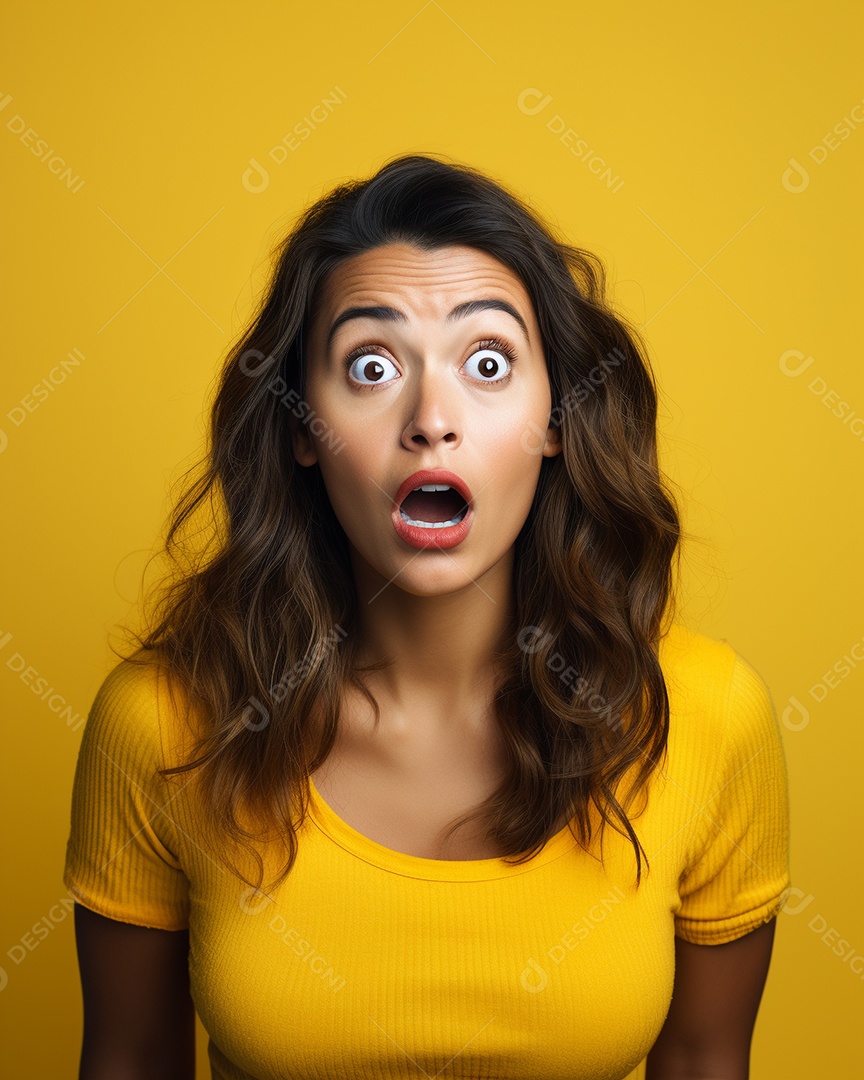 Uma mulher branca fazendo uma expressão chocada em um fundo colorido