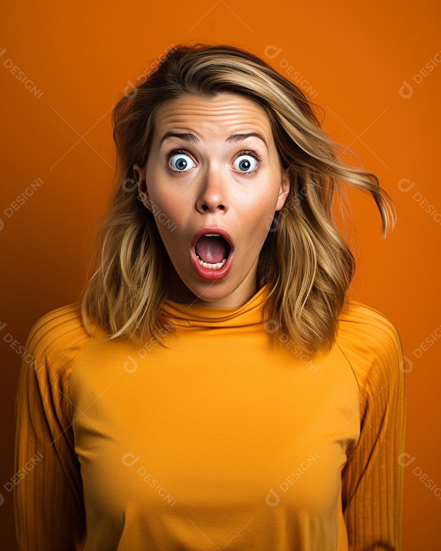 Uma mulher branca fazendo uma expressão chocada em um fundo colorido