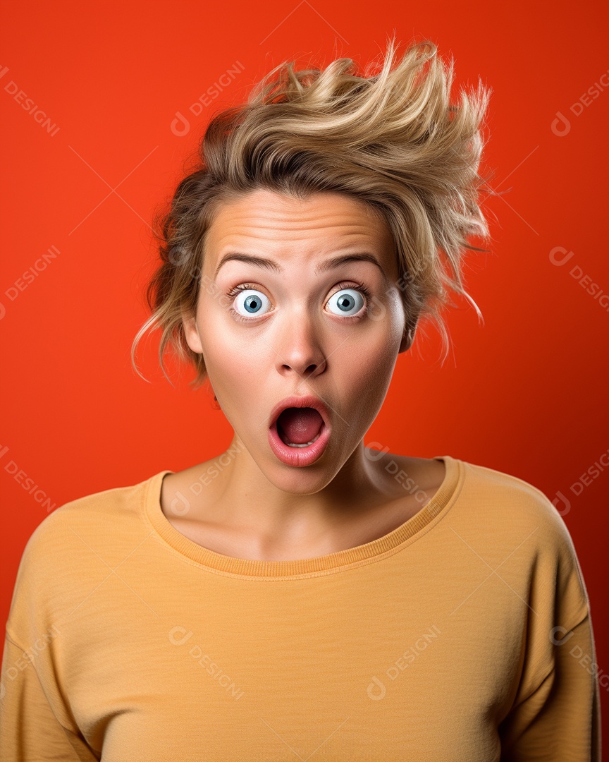 Uma mulher branca fazendo uma expressão chocada em um fundo colorido