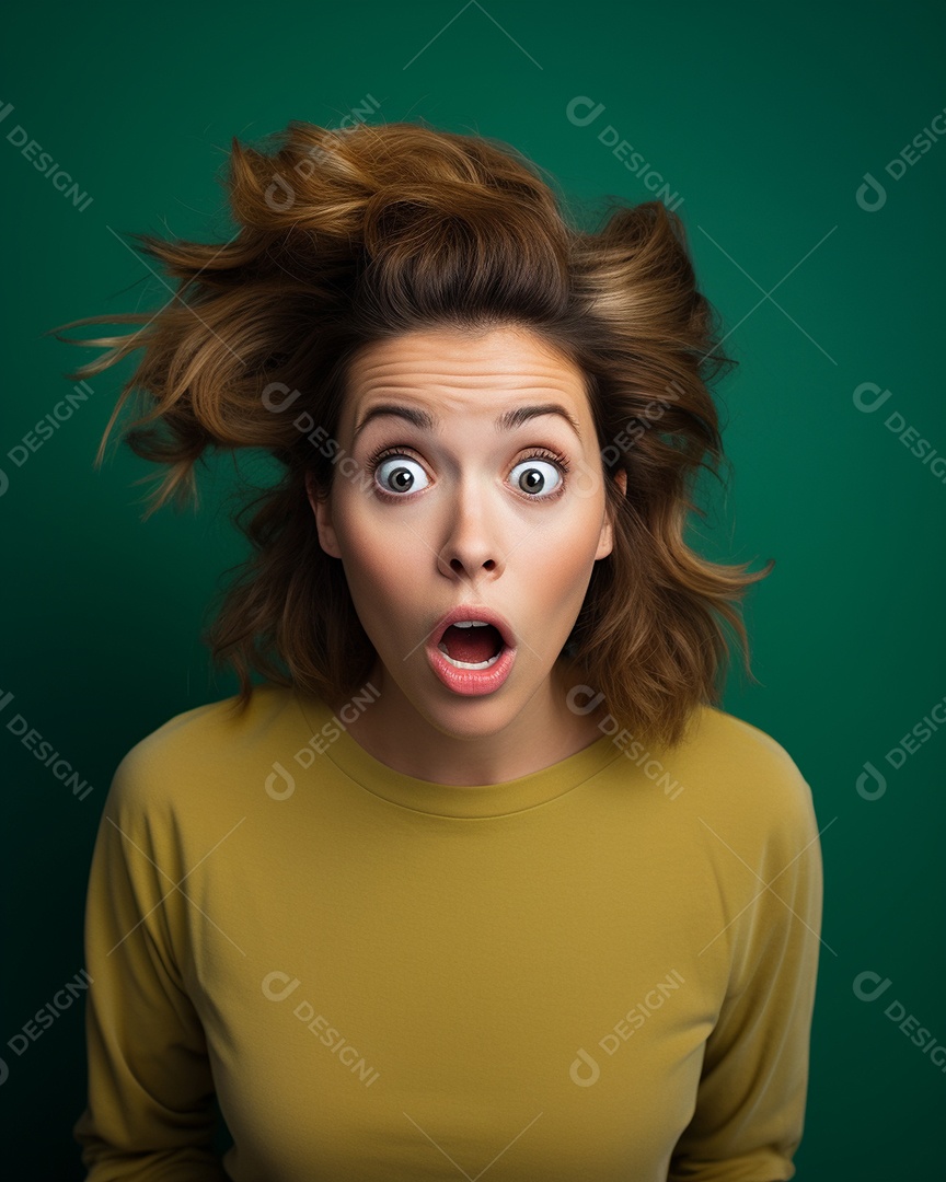 Uma mulher branca fazendo uma expressão chocada em um fundo colorido