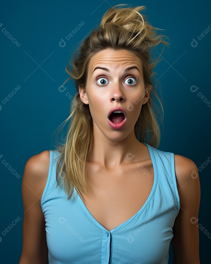 Uma mulher branca fazendo uma expressão chocada em um fundo colorido