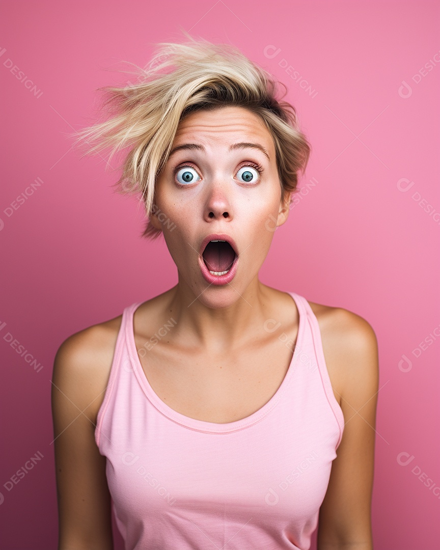 Uma mulher branca fazendo uma expressão chocada em um fundo colorido