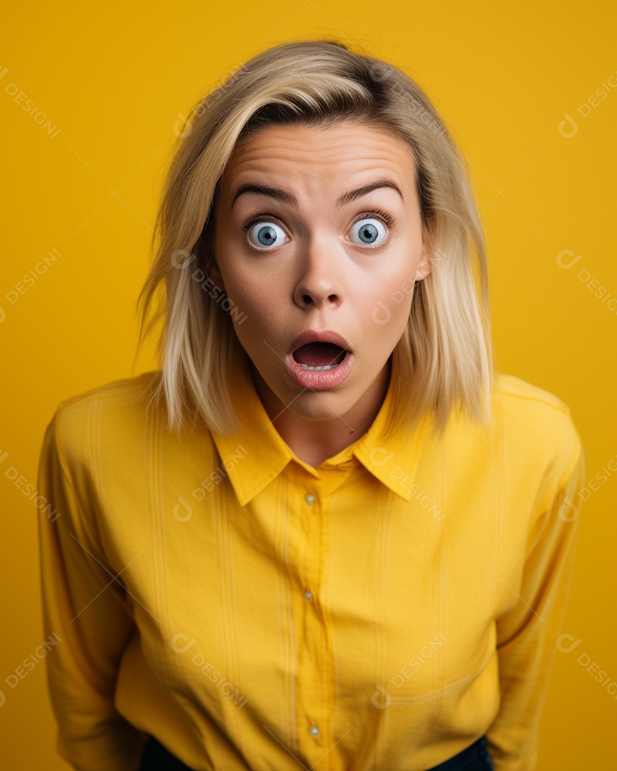 Uma mulher branca fazendo uma expressão chocada em um fundo colorido