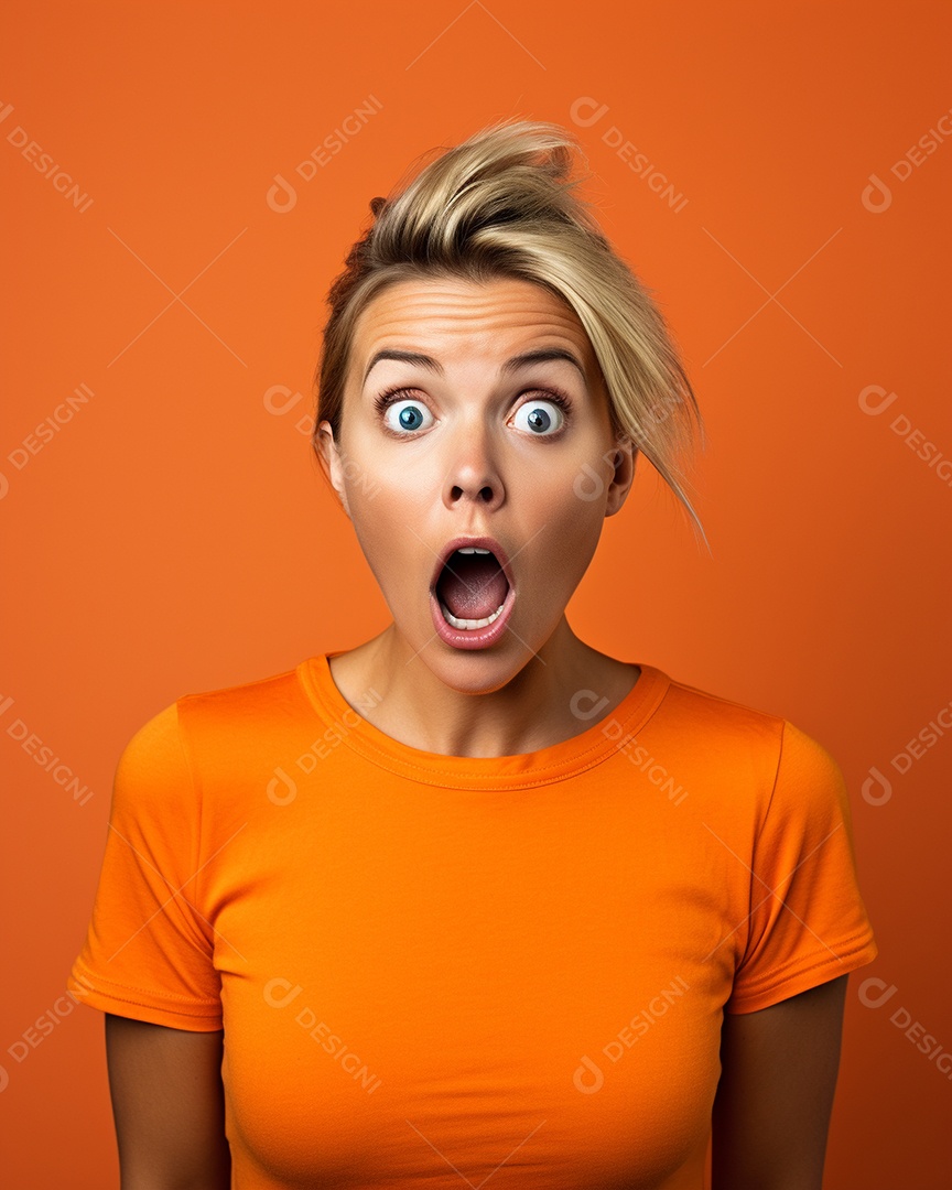 Uma mulher branca fazendo uma expressão chocada em um fundo colorido