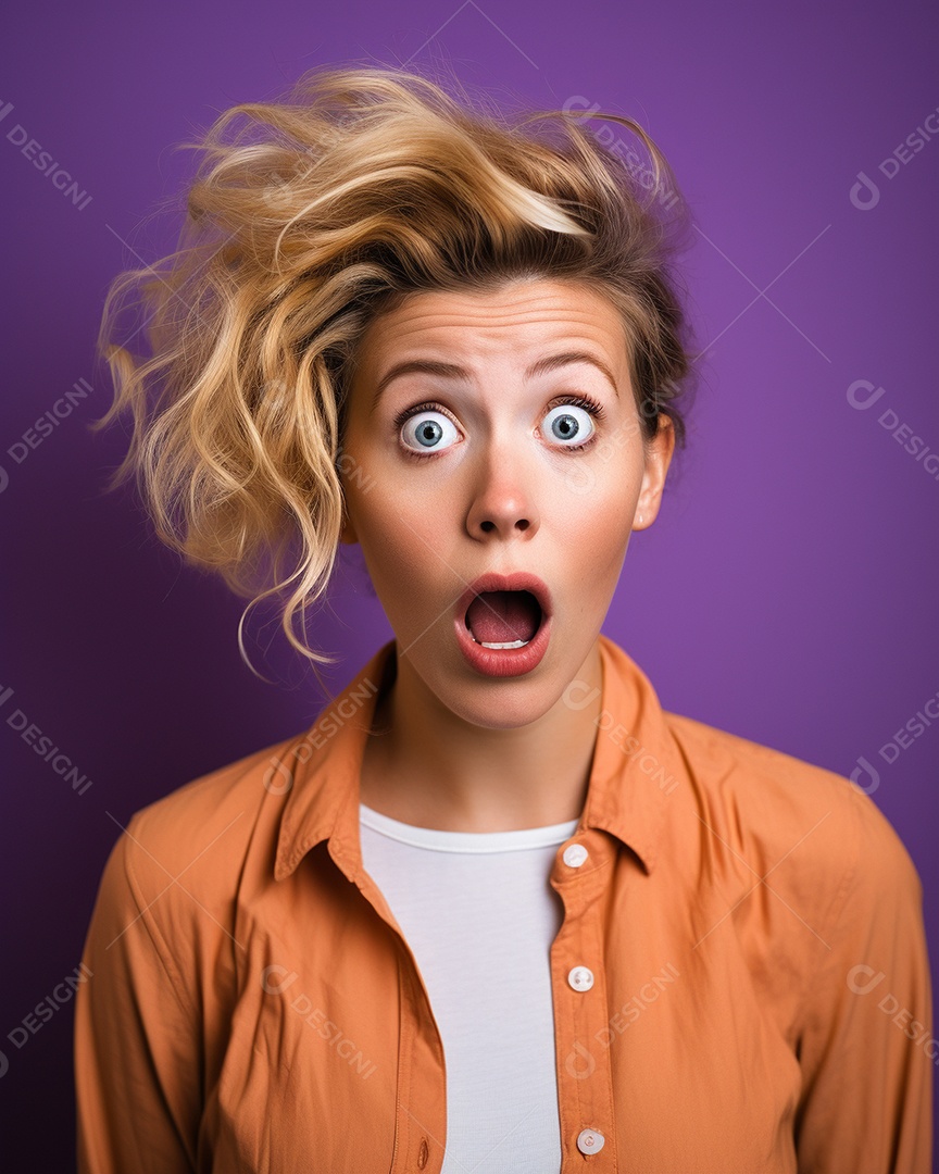 Uma mulher branca fazendo uma expressão chocada em um fundo colorido