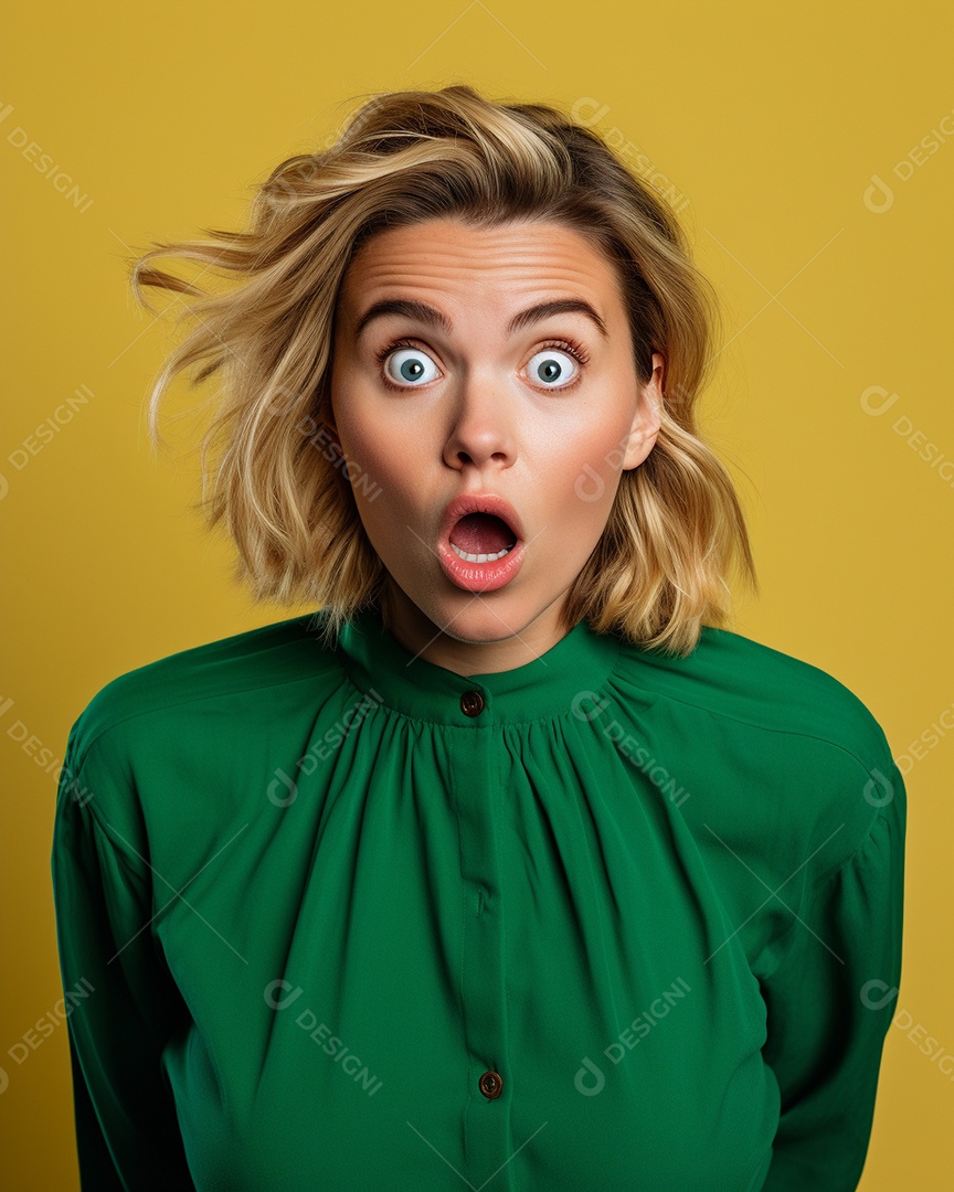 Uma mulher branca fazendo uma expressão chocada em um fundo colorido