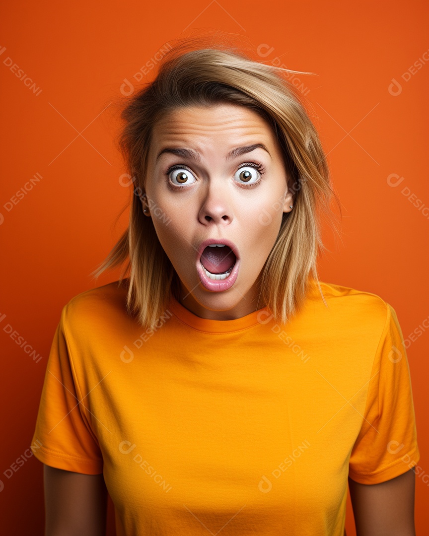 Uma mulher branca fazendo uma expressão chocada em um fundo colorido