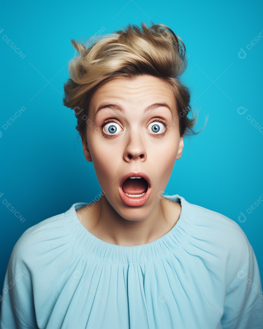 Uma mulher branca fazendo uma expressão chocada em um fundo bronzeado