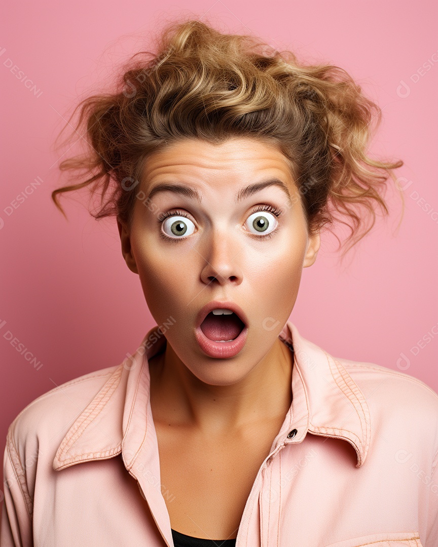 Uma mulher branca fazendo uma expressão chocada em um fundo colorido