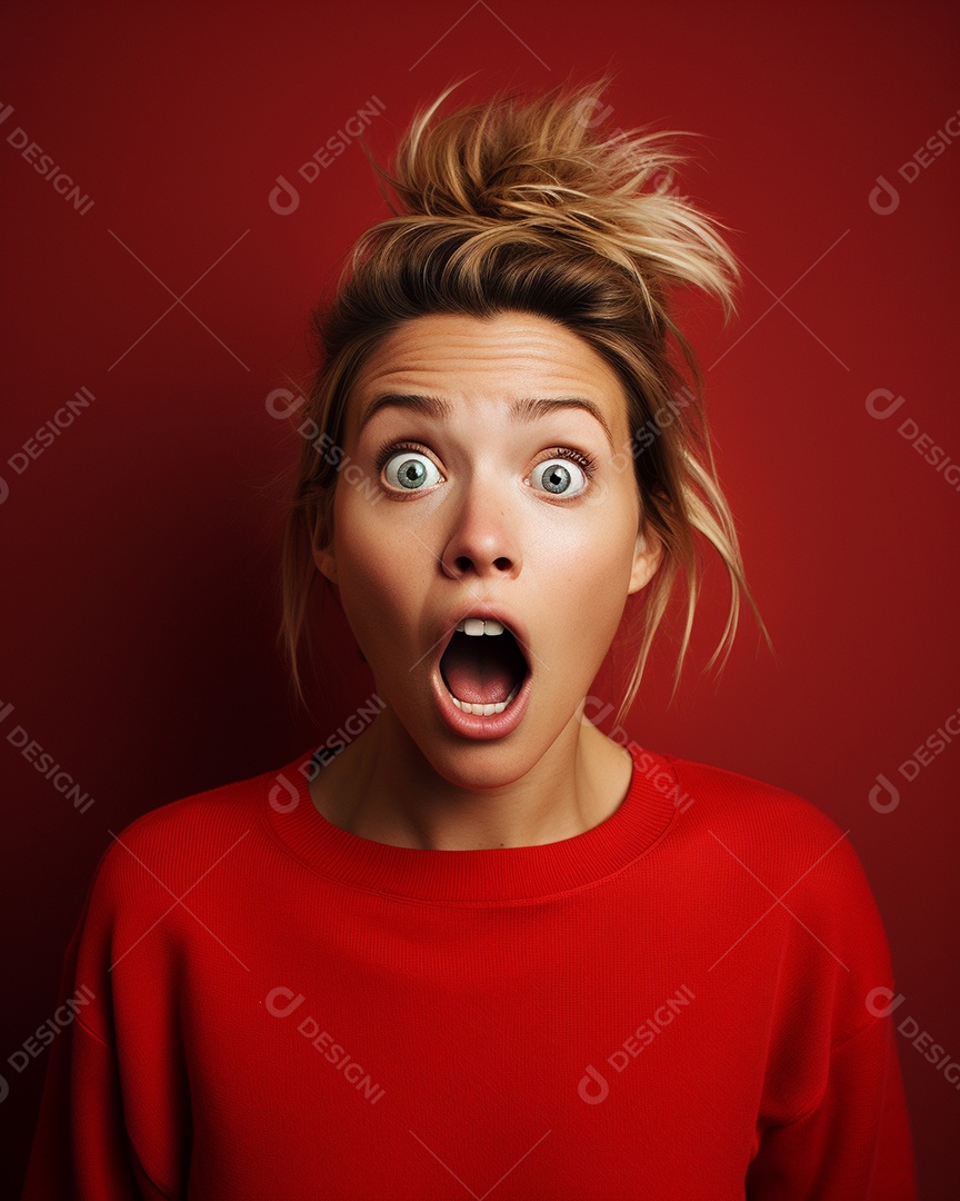 Uma mulher branca fazendo uma expressão chocada em um fundo colorido