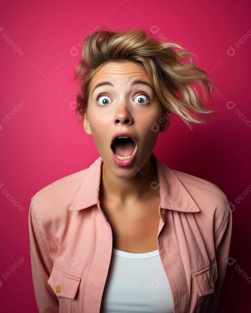Uma mulher branca fazendo uma expressão chocada em um fundo colorido