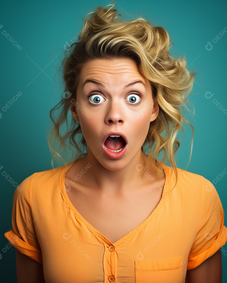 Uma mulher branca fazendo uma expressão chocada em um fundo colorido