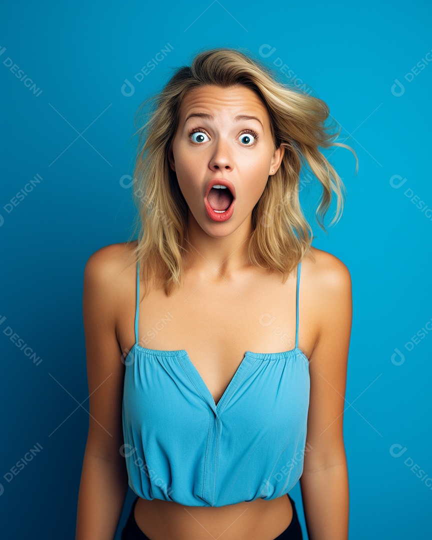 Uma mulher branca fazendo uma expressão chocada em um fundo colorido