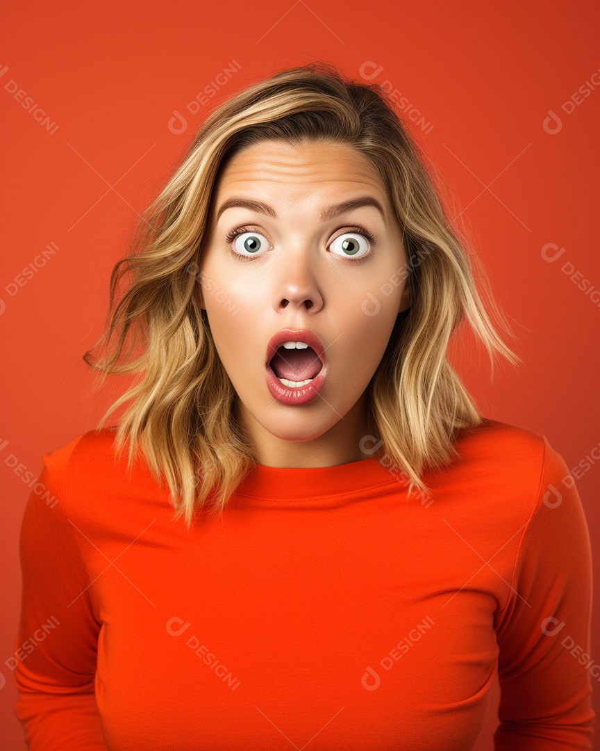 Uma mulher branca fazendo uma expressão chocada em um fundo colorido