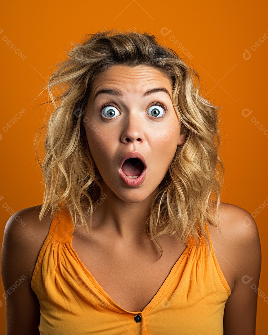 Uma mulher branca fazendo uma expressão chocada em um fundo colorido