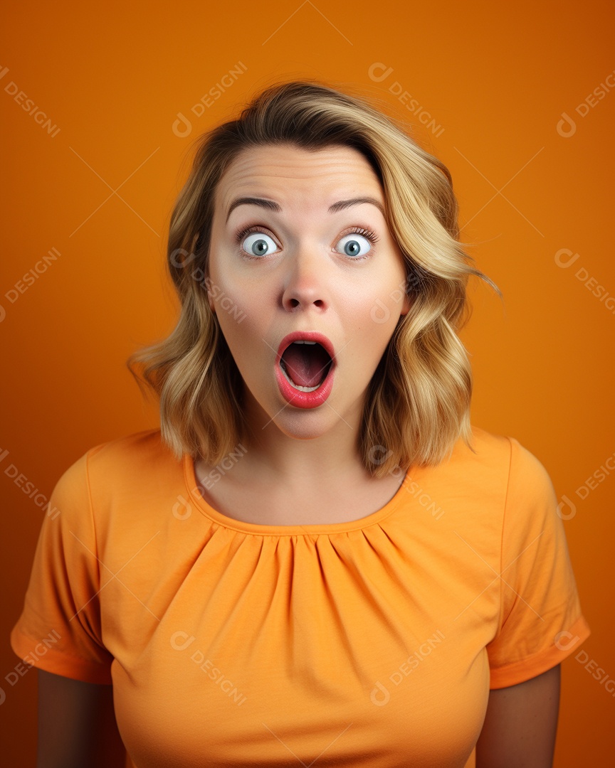 Uma mulher branca fazendo uma expressão chocada em um fundo colorido