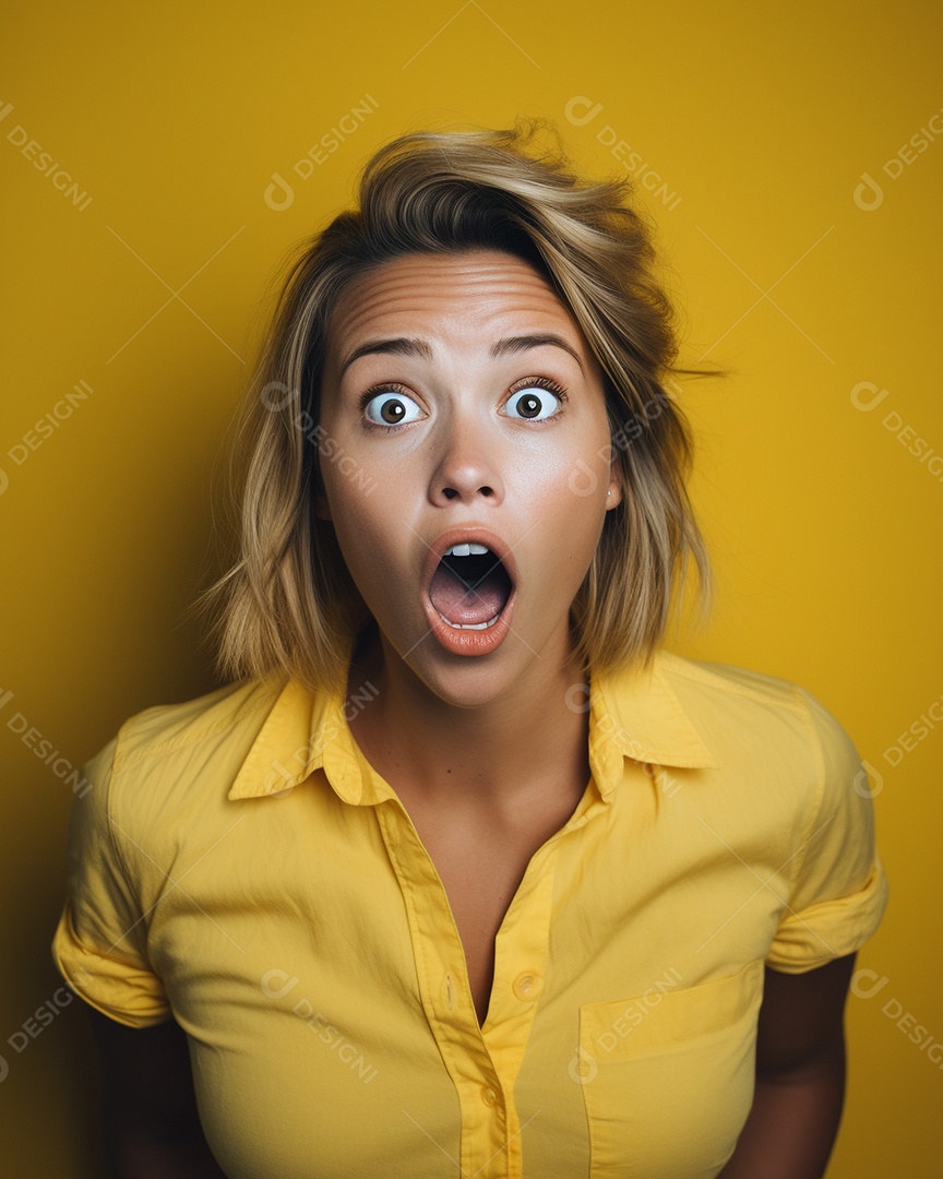 Uma mulher branca fazendo uma expressão chocada em um fundo colorido